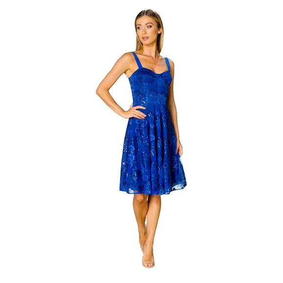Dress the Population Sequins Electric Blue Adelina Fit & Flare Dress Size Small - Picture 8 of 10